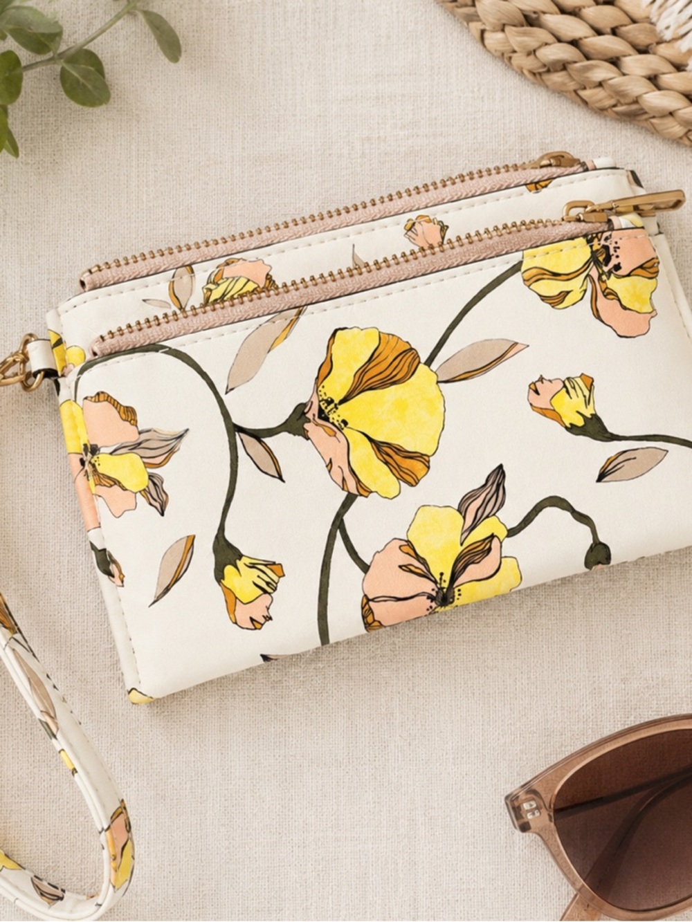A New Day Floral Wristlet Wallet Cream Yellow Zip Pouch - Picture 4 of 8